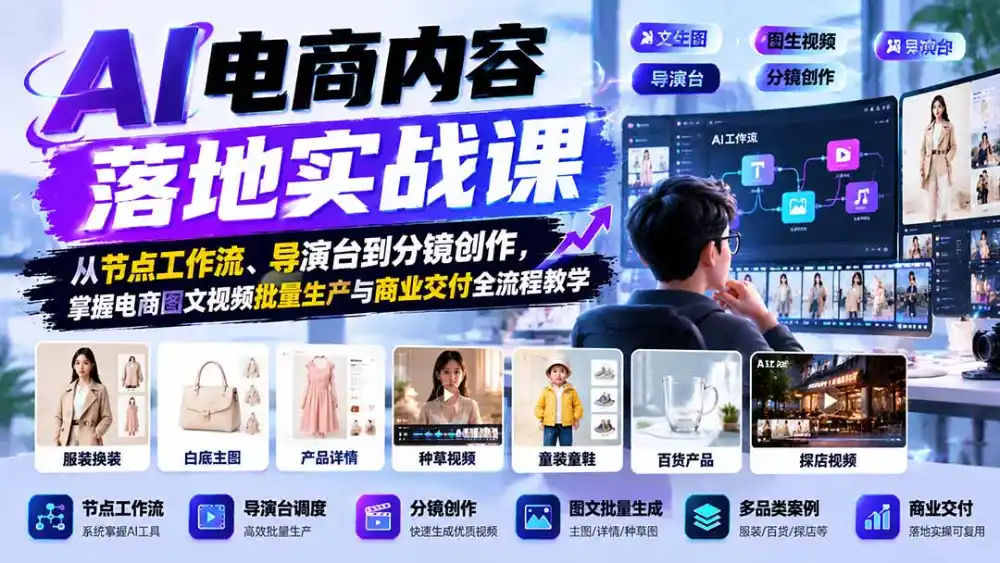 AI电商内容落地实战课:从节点工作流、导演台到分镜创作,掌握电商图文视频批量生产与商业交付全流程教学-阿牛笔记