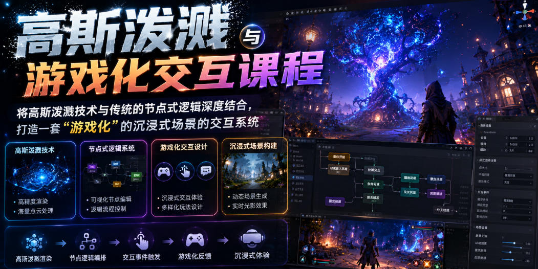 高斯泼溅与游戏化交互课程，将高斯泼溅技术与传统的节点式逻辑深度结合，打造一套“游戏化”的沉浸式场景的交互系统-阿牛笔记