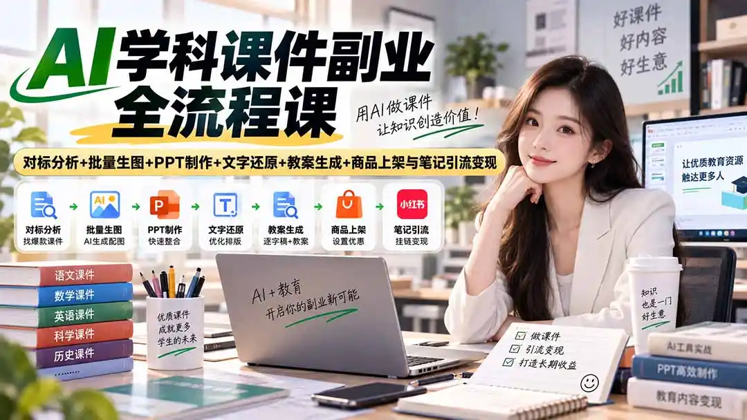 AI学科课件副业全流程课｜对标分析+批量生图+PPT制作+文字还原+教案生成+商品上架与笔记引流变现-阿牛笔记
