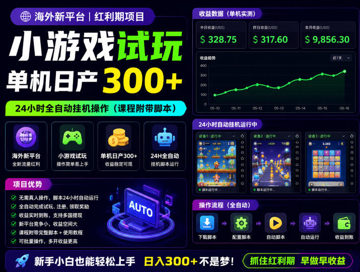 海外新平台,小游戏试玩,单机日产300+,24小时全自动挂G操作(课程附带脚本)【揭秘】-阿牛笔记