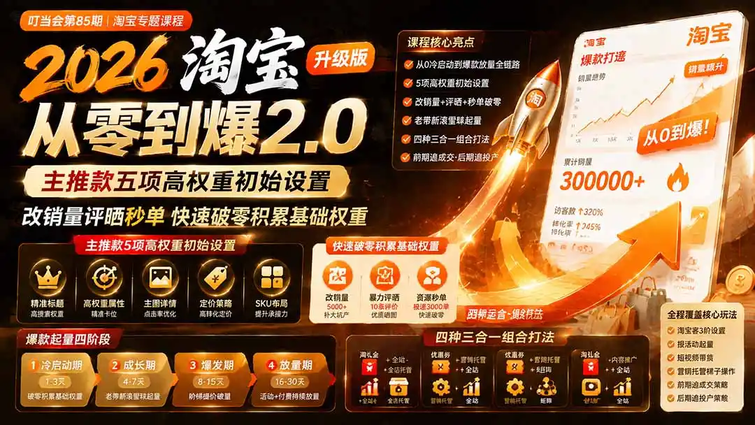 2026淘宝从零到爆2.0第85期；主推款五项高权重初始设置，改销量评晒秒单快速破零积累基础权重-阿牛笔记