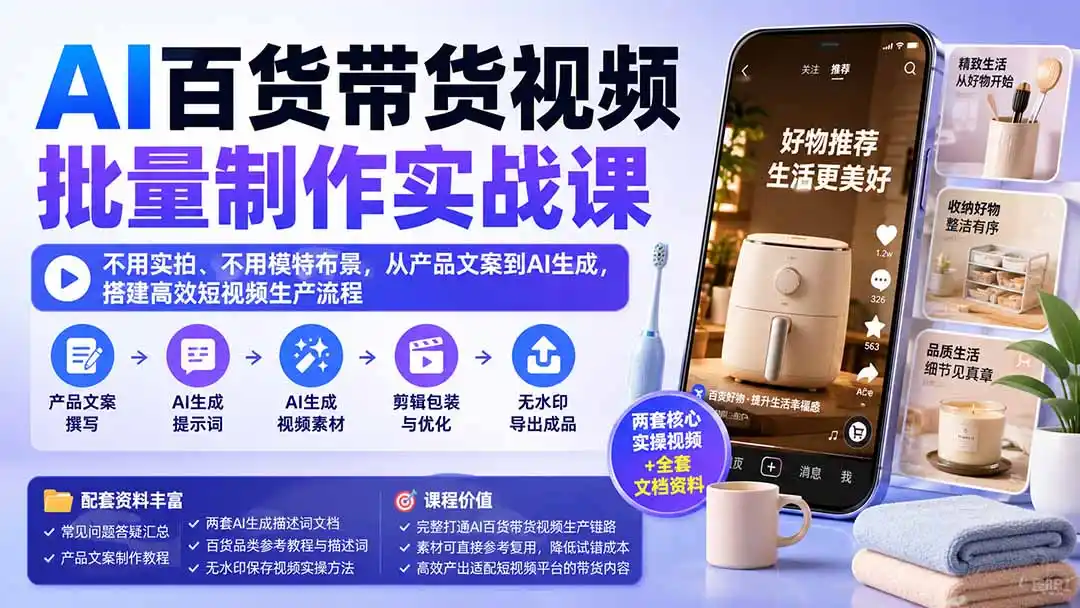 AI百货带货视频批量制作实战课:不用实拍、不用模特布景,从产品文案到AI生成,搭建高效短视频生产流程-阿牛笔记