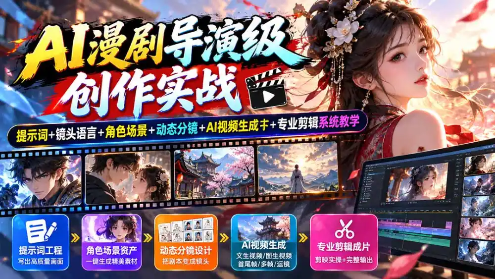 AI漫剧导演级创作实战：提示词+镜头语言+角色场景+动态分镜+AI视频生成+专业剪辑系统教学-阿牛笔记