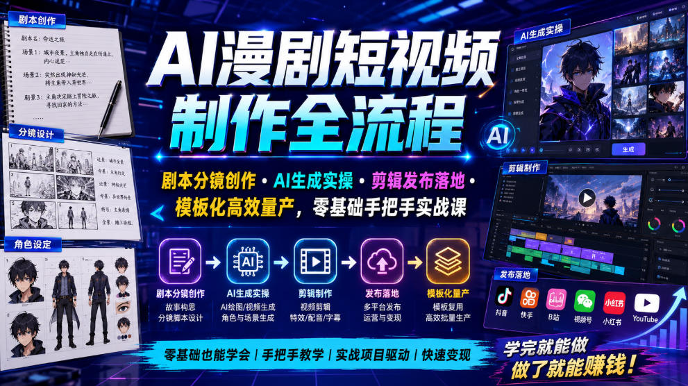 AI漫剧短视频制作全流程|剧本分镜创作・AI生成实操・剪辑发布落地・模板化高效量产,零基础手把手实战课-阿牛笔记