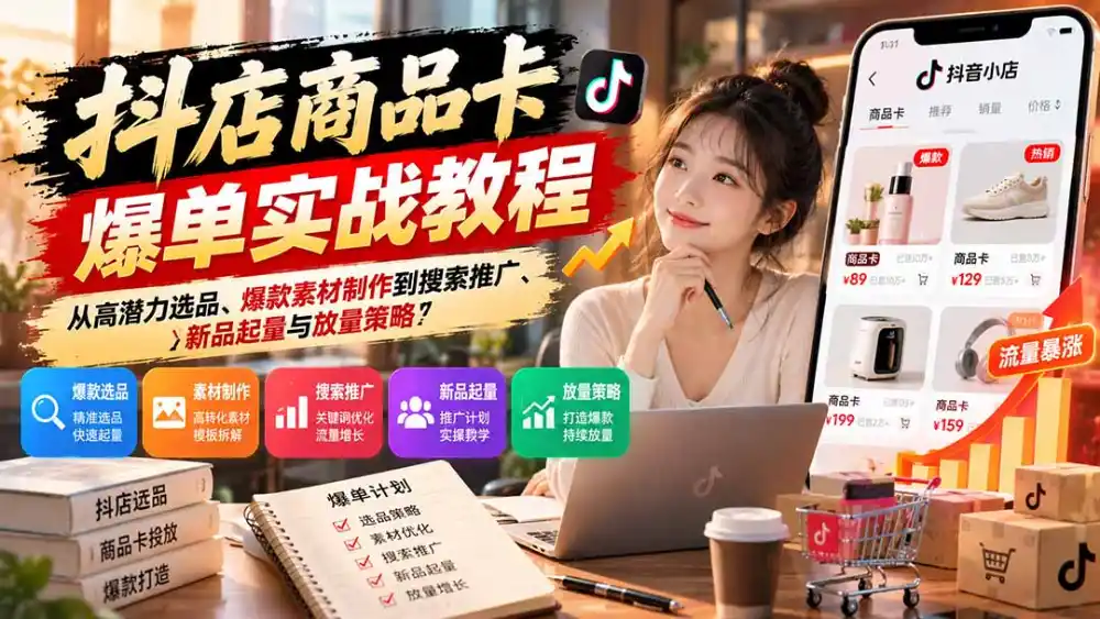 抖店商品卡爆单实战教程:从高潜力选品、爆款素材制作到搜索推广、新品起量与放量策略-阿牛笔记