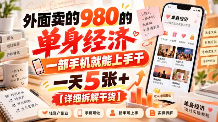 外面卖的980的单身经济,一部手机就能上手干,一天5张+【详细拆解干货】-阿牛笔记