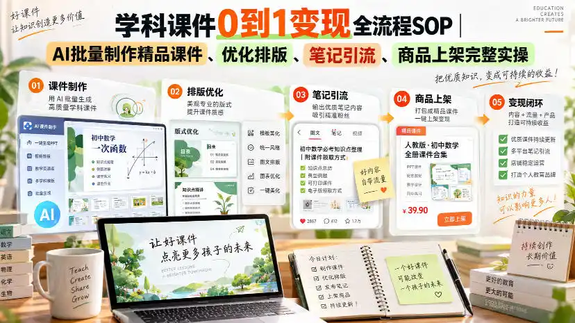 学科课件0到1变现全流程SOP｜AI批量制作精品课件、优化排版、笔记引流、商品上架完整实操-阿牛笔记