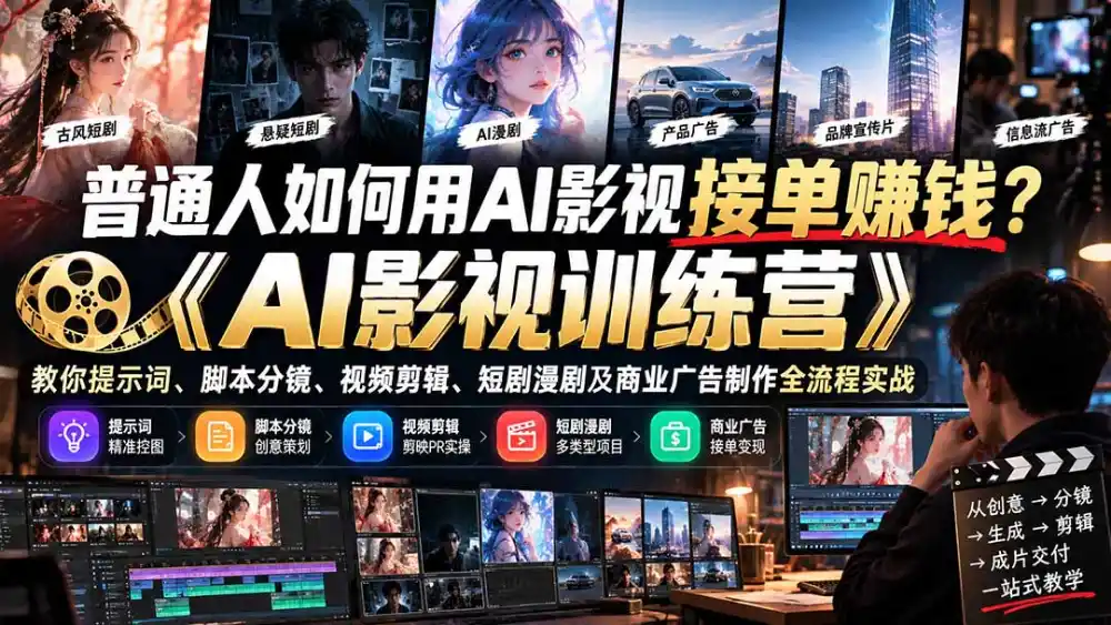 普通人如何用AI影视接单赚钱？《AI影视训练营》教你提示词、脚本分镜、视频剪辑、短剧漫剧及商业广告制作全流程实战
