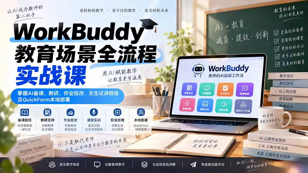 WorkBuddy教育场景全流程实战课：掌握AI备课、教研、作业批改、无生试讲陪练及QuickForm本地部署-阿牛笔记