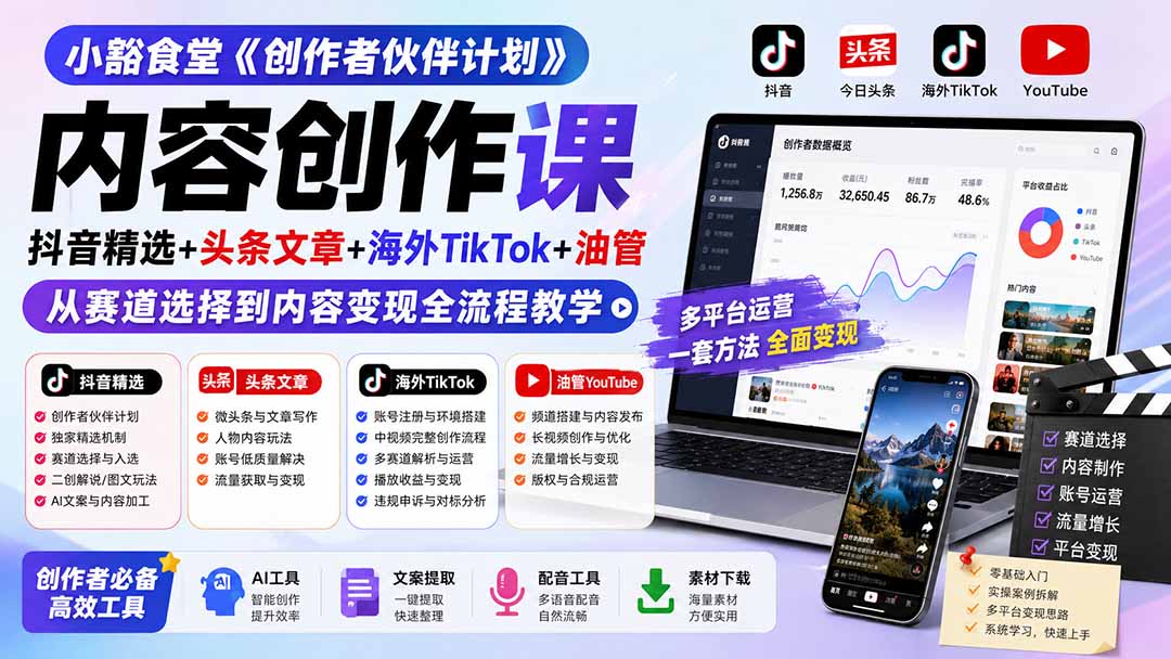 小豁食堂《创作者伙伴计划》内容创作课：抖音精选+头条文章+海外TikTok+油管，从赛道选择到内容变现全流程教学-阿牛笔记