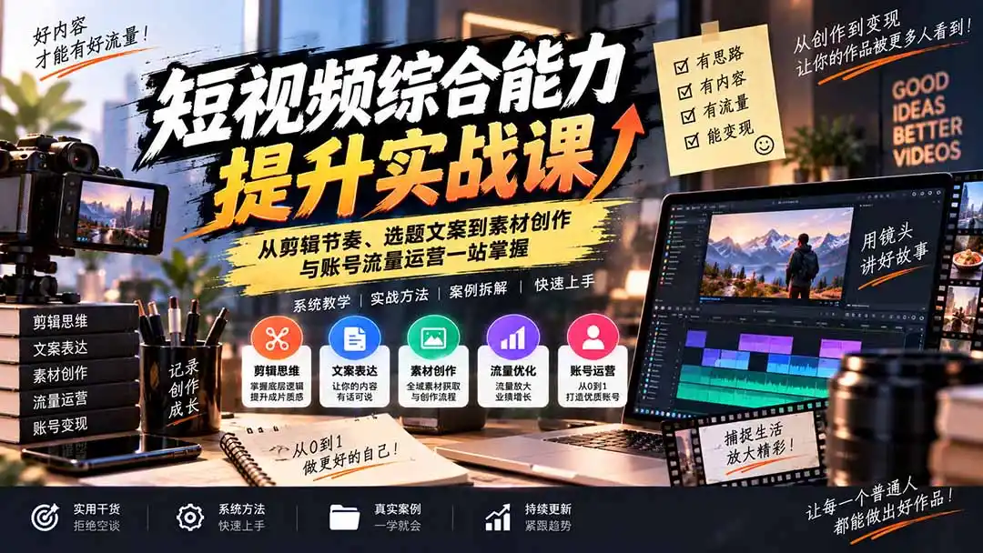 短视频综合能力提升实战课：从剪辑节奏、选题文案到素材创作与账号流量运营一站掌握-阿牛笔记