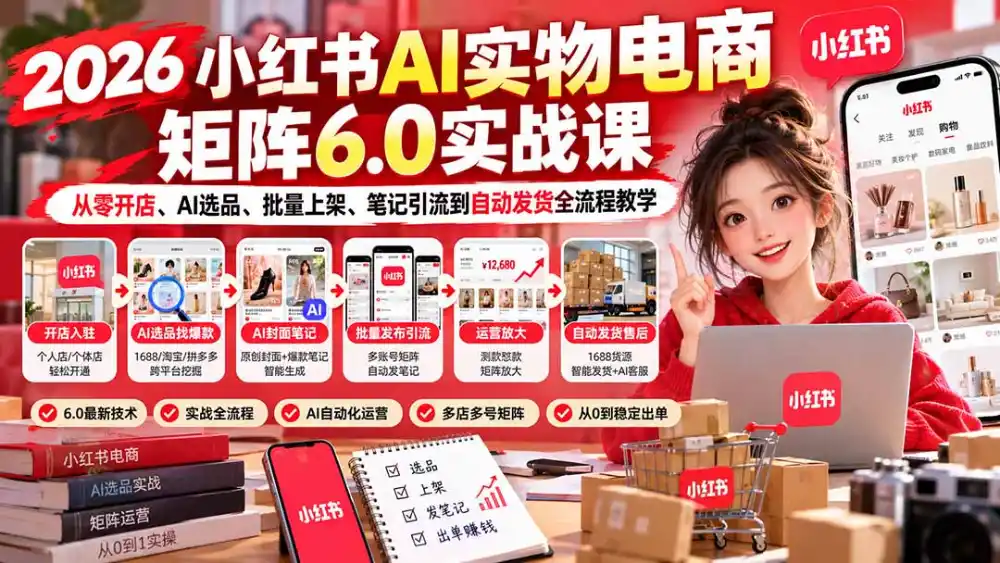 2026小红书AI实物电商矩阵6.0实战课：从零开店、AI选品、批量上架、笔记引流到自动发货全流程教学-阿牛笔记