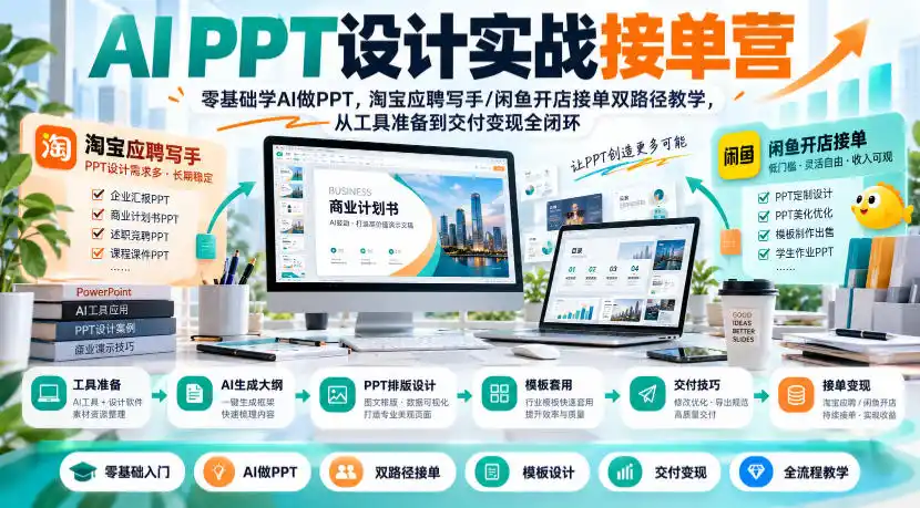 AI PPT设计实战接单营|零基础学AI做PPT,淘宝应聘写手/闲鱼开店接单双路径教学,从工具准备到交付变现全闭环-阿牛笔记
