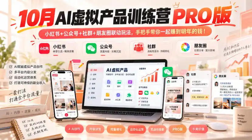 10月AI虚拟产品训练营PRO版,小红书+公众号+社群+朋友圈联动玩法,手把手带你一起赚到明年的钱!-阿牛笔记