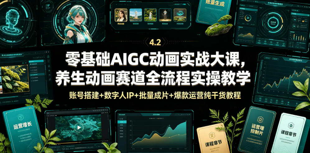 零基础AIGC动画实战大课，养生动画赛道全流程实操教学，账号搭建+数字人IP+批量成片+爆款运营纯干货教程-阿牛笔记