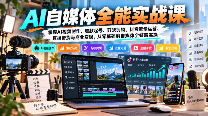 【无水印】AI自媒体全能实战课，掌握AI视频创作、爆款起号、剪映剪辑、抖音流量运营、直播带货与商业变现，从零基础到自媒体全链路实操-阿牛笔记
