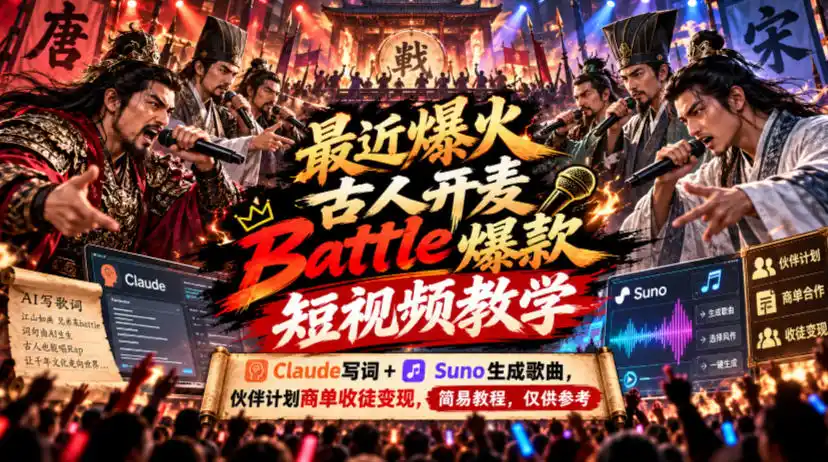 最近爆火古人开麦Battle爆款短视频教学,Claude写词+Suno生成歌曲,伙伴计划商单收徒变现,简易教程,仅供参考-阿牛笔记