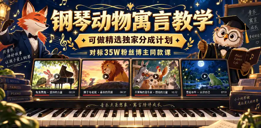 钢琴动物寓言教学,可做精选独家分成计划,对标35W粉丝博主同款课-阿牛笔记