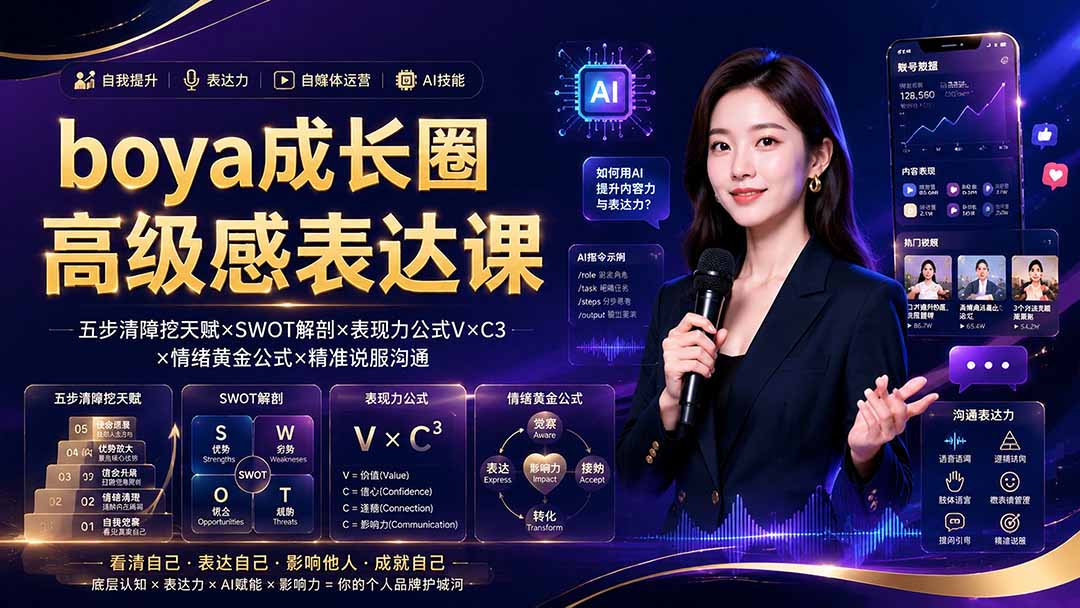 boya成长圈｜内心成长高级表达AI自媒体三合一，消解内耗挖掘天赋，镜头沟通AI指令短视频全流程教学-阿牛笔记