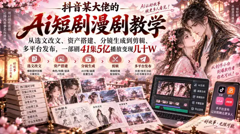 抖音某大佬的Ai短剧漫剧教学,从选文改文、资产搭建、分镜生成到剪辑、多平台发布,一部剧41集5亿播放变现几十W 抖音某大佬的Ai短剧漫剧教学,从选文改文、资产搭建、分镜生成到剪辑、多平台发布,一部剧41集5亿播放变现几十W