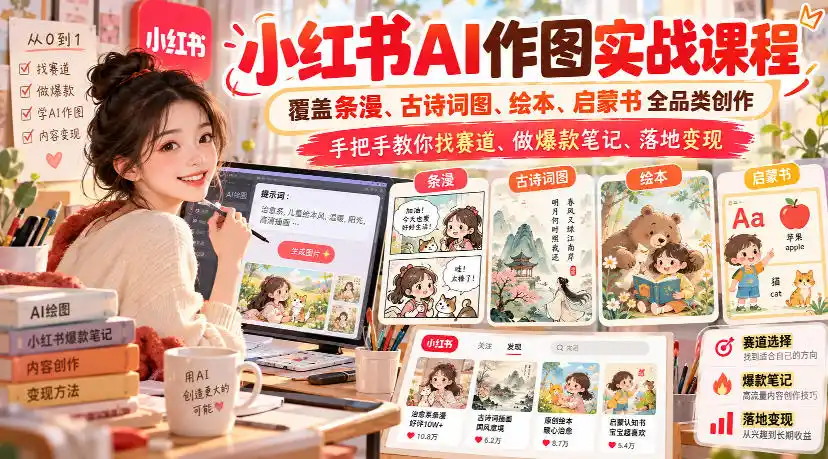 小红书AI作图实战课程，覆盖条漫、古诗词图、绘本、启蒙书全品类创作，手把手教你找赛道、做爆款笔记、落地变现-阿牛笔记