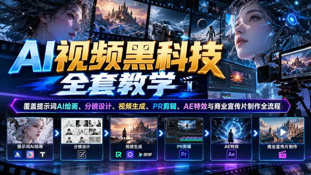 AI视频黑科技全套教学:覆盖提示词AI绘画、分镜设计、视频生成、PR剪辑、AE特效与商业宣传片制作全流程-阿牛笔记
