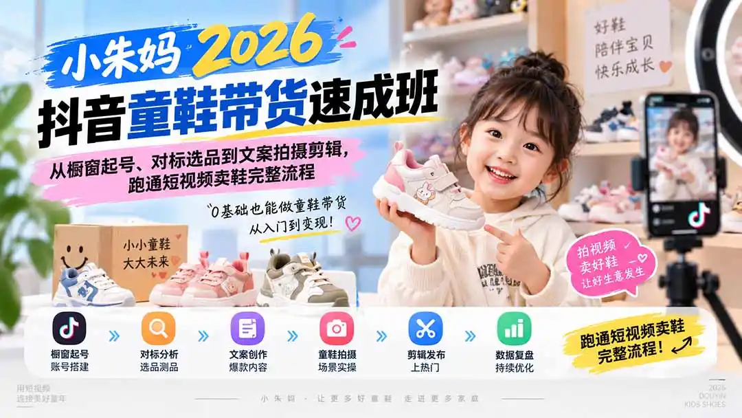小朱妈2026抖音童鞋带货速成班:从橱窗起号、对标选品到文案拍摄剪辑,跑通短视频卖鞋完整流程 小朱妈2026抖音童鞋带货速成班:从橱窗起号、对标选品到文案拍摄剪辑,跑通短视频卖鞋完整流程