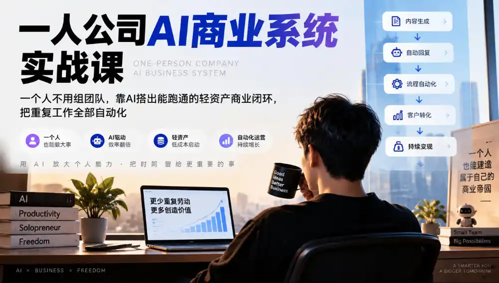 一人公司AI商业系统实战课，一个人不用组团队，靠AI搭出能跑通的轻资产商业闭环，把重复工作全部自动化-阿牛笔记