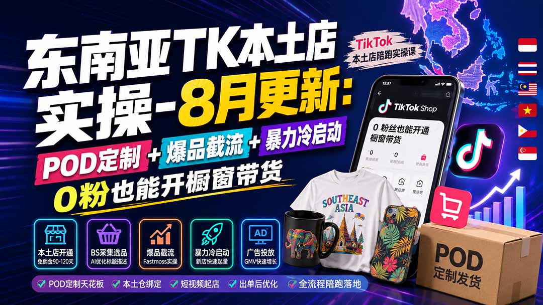 东南亚TK本土店实操-8月更新：POD定制+爆品截流+暴力冷启动，0粉也能开橱窗带货-阿牛笔记