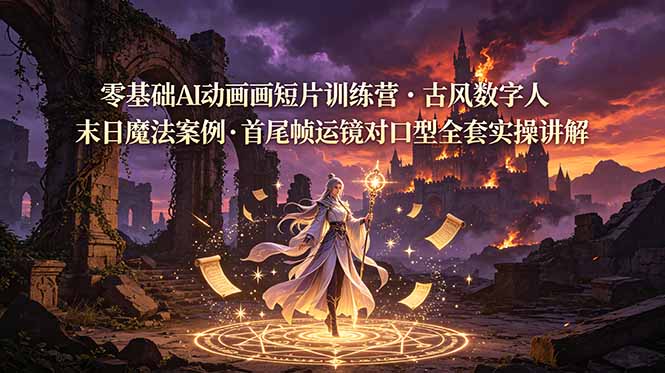 零基础AI动画短片训练营，古风数字人末日魔法案例，首尾帧运镜对口型全套实操讲解-阿牛笔记
