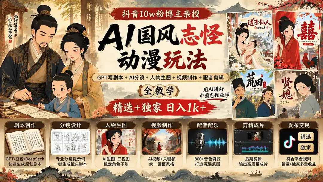 抖音10w粉博主亲授AI国风志怪动漫玩法｜GPT写剧本+AI分镜+人物生图+视频制作+配音剪辑全教学｜精选+独家日入1k+