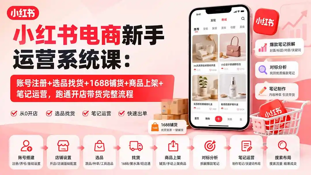 小红书电商新手运营系统课：账号注册+选品找货+1688铺货+商品上架+笔记运营，跑通开店带货完整流程-阿牛笔记