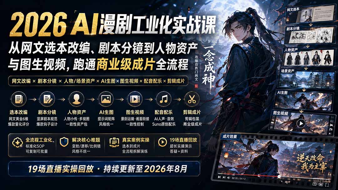 2026 AI漫剧工业化实战课-更新：从网文选本改编、剧本分镜到人物资产与图生视频，跑通商业级成片全流程-阿牛笔记
