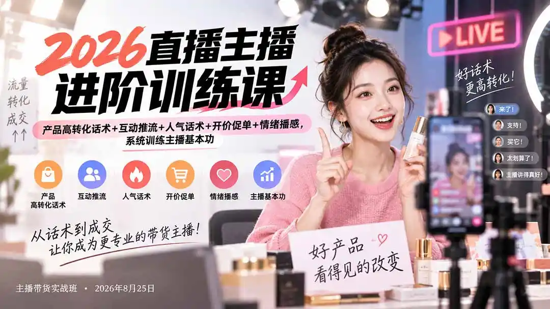 2026直播主播进阶训练课：产品高转化话术+互动推流+人气话术+开价促单+情绪播感，系统训练主播基本功-阿牛笔记
