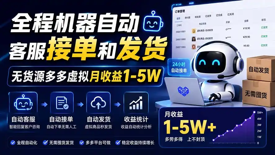 全程机器自动客服接单和发货，无货源多多虚拟月收益1-5W-阿牛笔记
