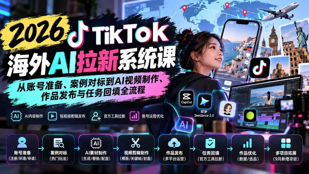 【无水印】2026 TikTok海外AI拉新系统课：从账号准备、案例对标到AI视频制作、作品发布与任务回填全流程-阿牛笔记