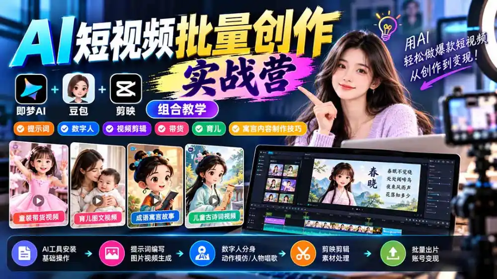 【无水印】AI短视频批量创作实战营:即梦+豆包+剪映组合教学,提示词/数字人/视频剪辑/带货/育儿/寓言内容制作技巧-阿牛笔记