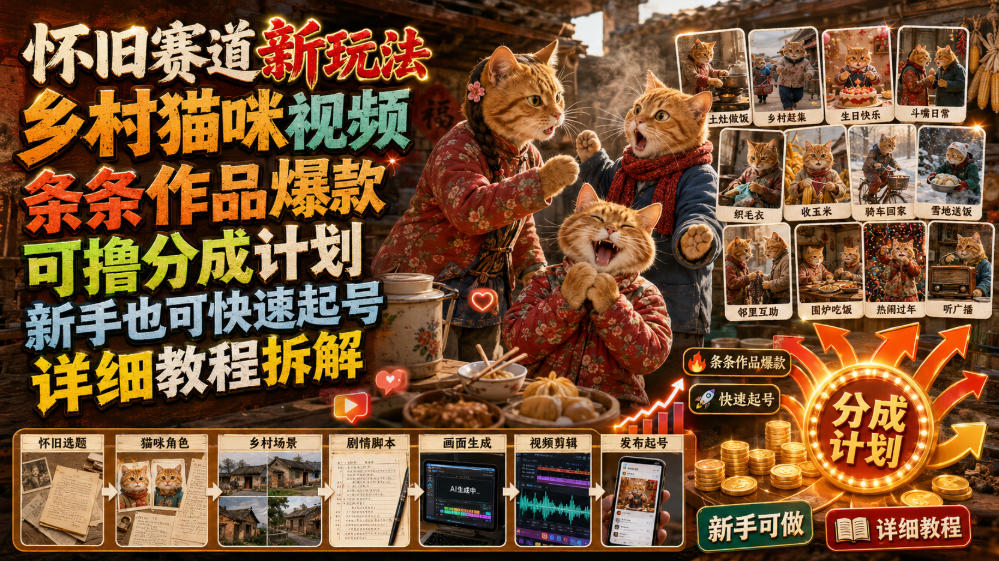 怀旧赛道新玩法,乡村猫咪视频,条条作品爆款,可撸分成计划,新手也可快速起号,详细教程拆解-阿牛笔记
