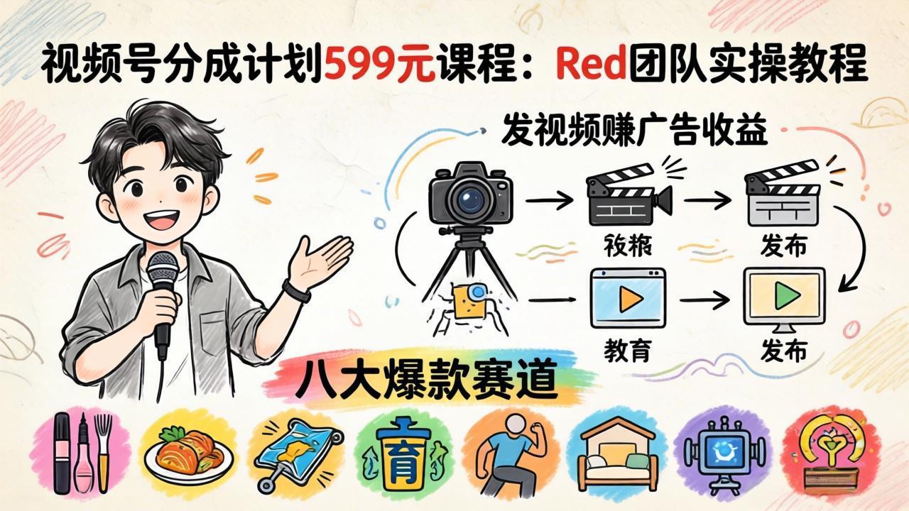 视频号分成计划599元课程：Red团队实操教程，发视频赚广告收益，八大爆款赛道全掌握-阿牛笔记