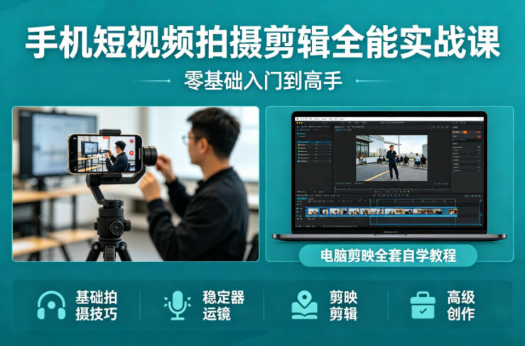 手机短视频拍摄剪辑全能实战课：零基础入门到高手，稳定器运镜+电脑剪映全套自学教程-阿牛笔记