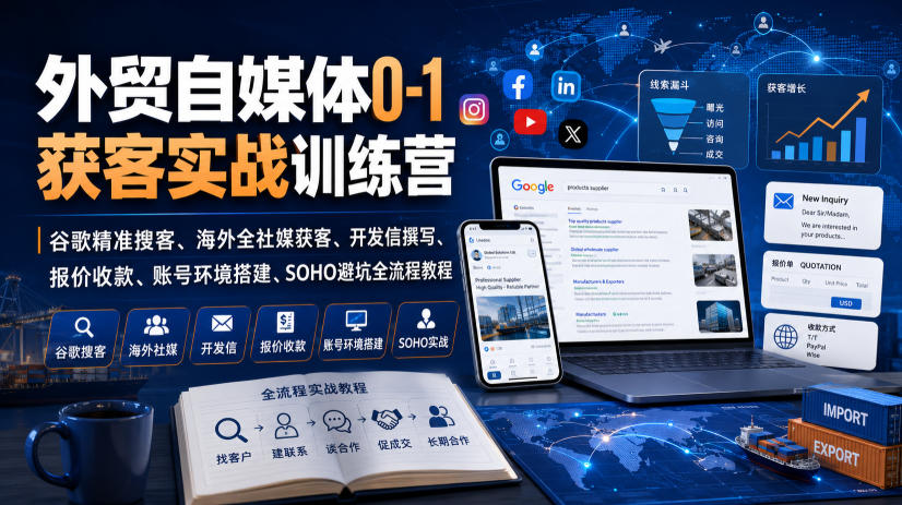 外贸自媒体0-1获客实战训练营｜谷歌精准搜客、海外全社媒获客、开发信撰写、报价收款、账号环境搭建、SOHO避坑全流程教程(更新)-阿牛笔记
