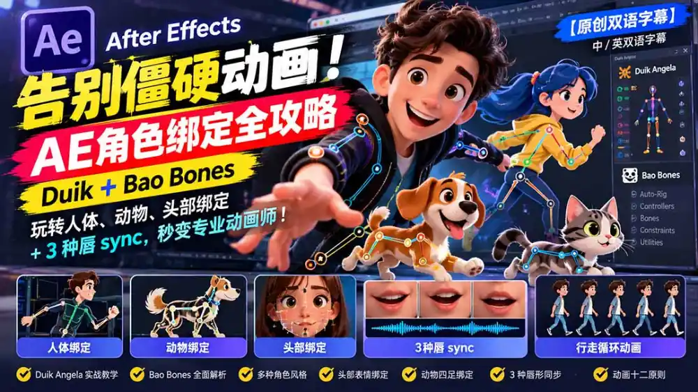 【无水印】告别僵硬动画！AE 角色绑定全攻略：Duik+Bao Bones玩转人体/动物/头部绑定+3种唇sync，秒变专业动画师-阿牛笔记