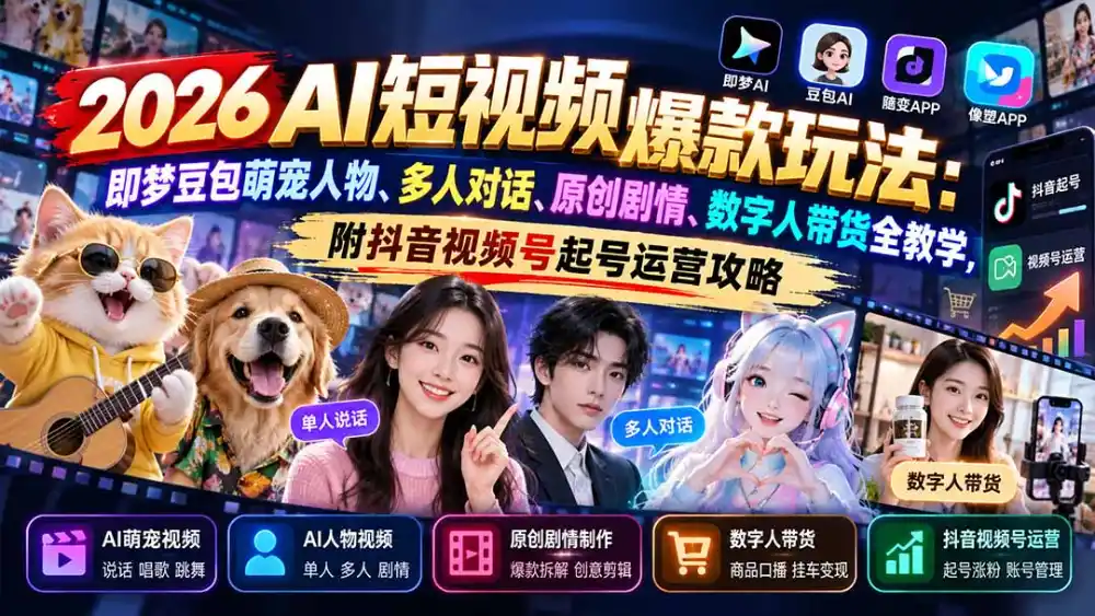 2026AI短视频爆款玩法:即梦豆包萌宠人物、多人对话、原创剧情、数字人带货全教学,附抖音视频号起号运营攻略 2026AI短视频爆款玩法:即梦豆包萌宠人物、多人对话、原创剧情、数字人带货全教学,附抖音视频号起号运营攻略