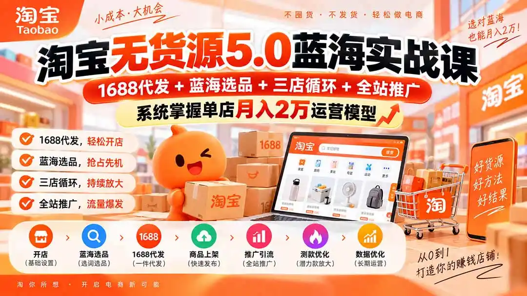 淘宝无货源5.0蓝海实战课-更新：1688代发+蓝海选品+三店循环+全站推广，系统掌握单店月入2万运营模型-阿牛笔记