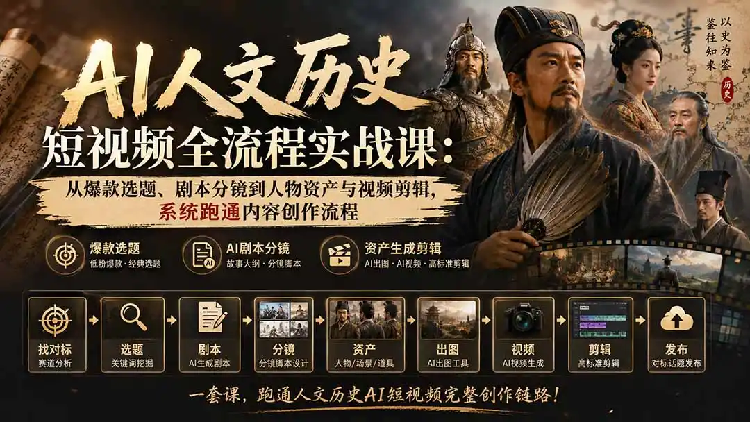 AI人文历史短视频全流程实战课-更新：从爆款选题、剧本分镜到人物资产与视频剪辑，系统跑通内容创作流程-阿牛笔记