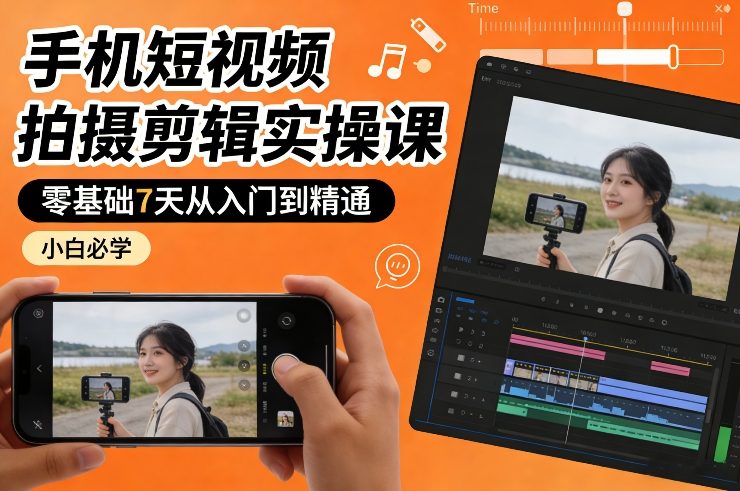 手机短视频拍摄剪辑实操课，零基础7天从入门到精通，小白必学-阿牛笔记