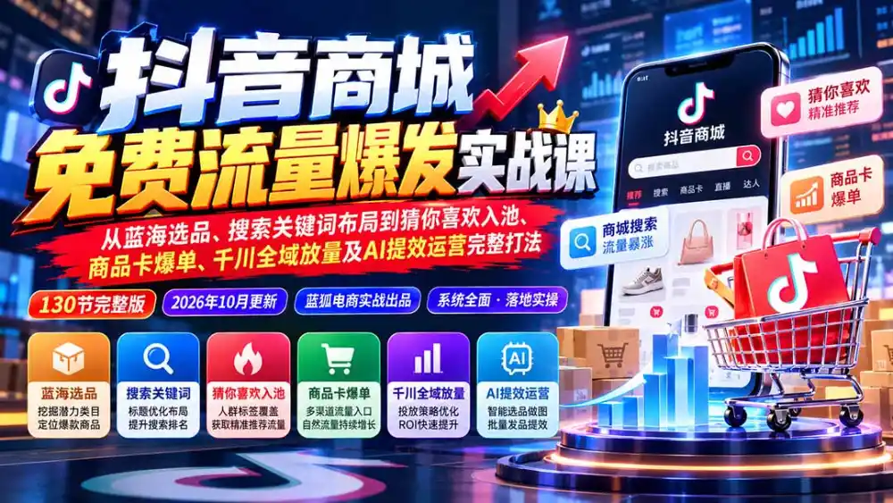 抖音商城免费流量爆发实战:从蓝海选品、搜索关键词布局到猜你喜欢入池、商品卡爆单、千川全域放量及AI提效完整打法-阿牛笔记