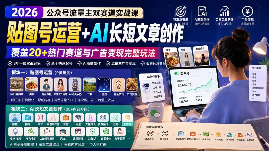 公众号流量主双赛道实战课：贴图号运营+AI长短文章创作，覆盖20+热门赛道与广告变现完整玩法-阿牛笔记
