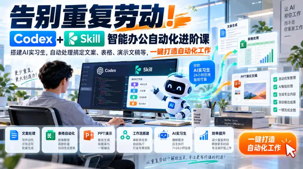 告别重复劳动!Codex+Skill智能办公自动化进阶课|搭建AI实习生,自动处理搞定文案、表格、演示文稿等,一键打造自动化工作-阿牛笔记