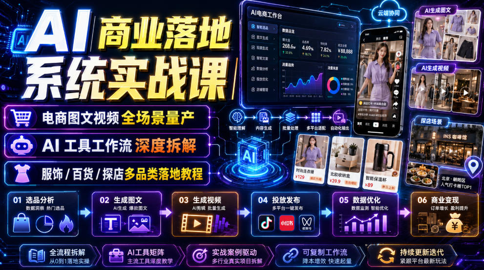 AI商业落地系统实战课|电商图文视频全场景量产・AI工具工作流深度拆解・服饰/百货/探店多品类落地教程-阿牛笔记